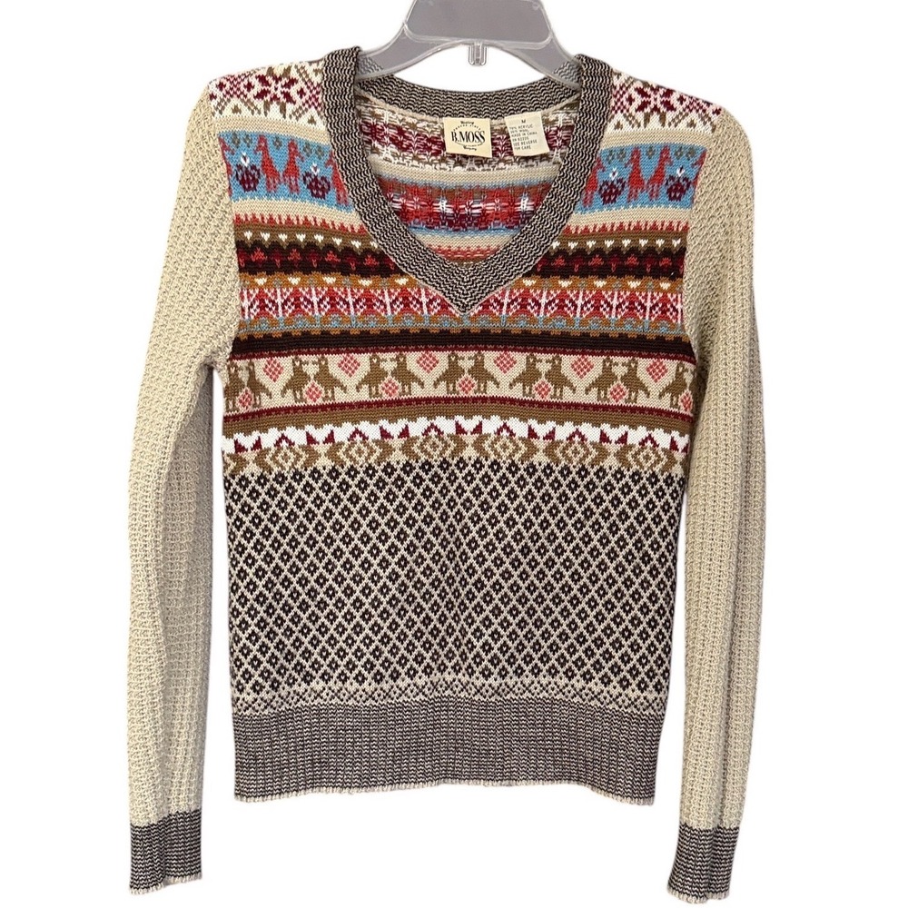 B. Moss Womens Fair Isle Wool Blend V-Neck Sweater Bird Pattern M Grandmacore